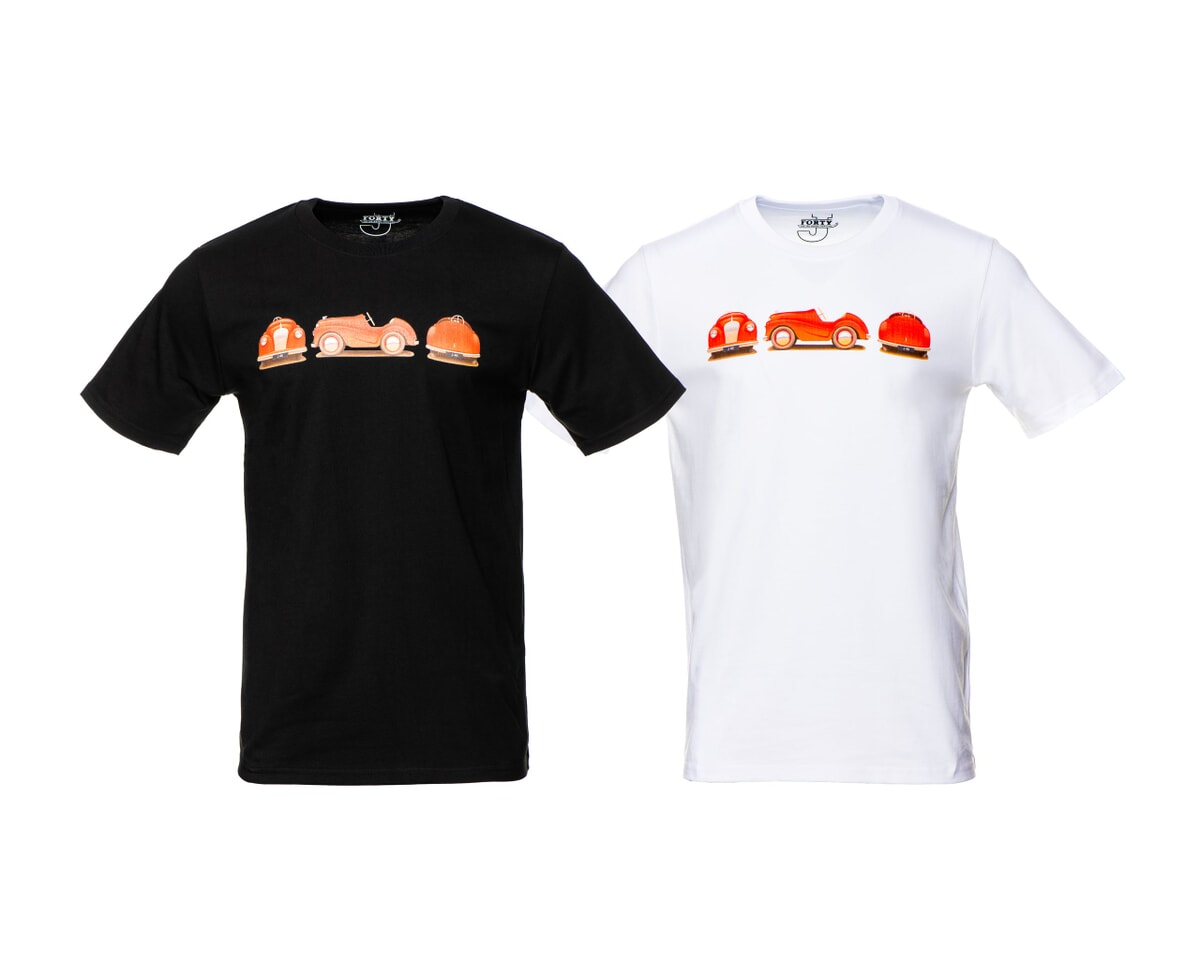 Artist designed adult t-shirt featuring an orthographic view of the Austin J40 main product photo