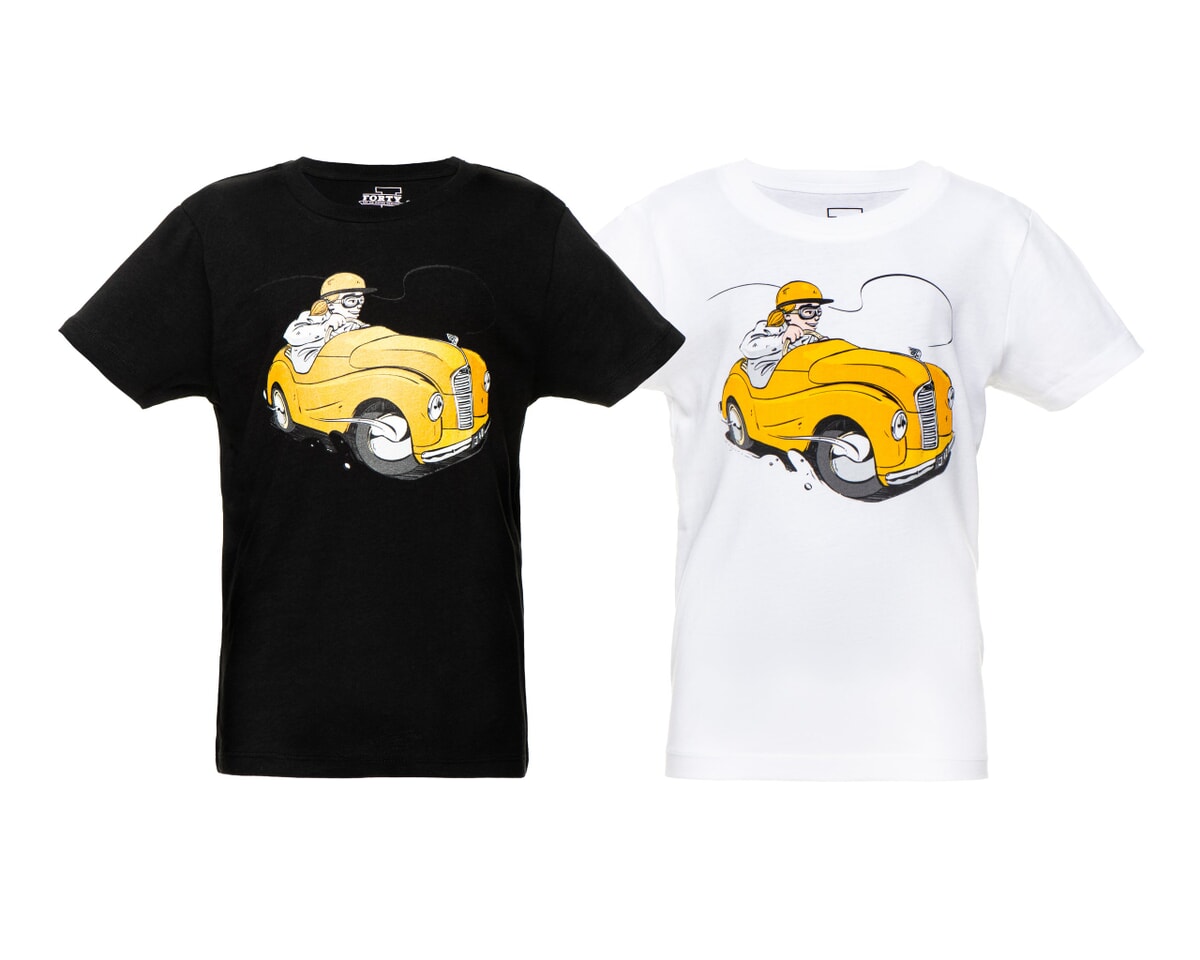 Artist designed childrens t-shirt featuring a yellow racing Austin J40 main product photo