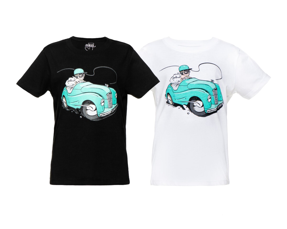 Artist designed childrens t-shirt featuring a green racing Austin J40 print main product photo