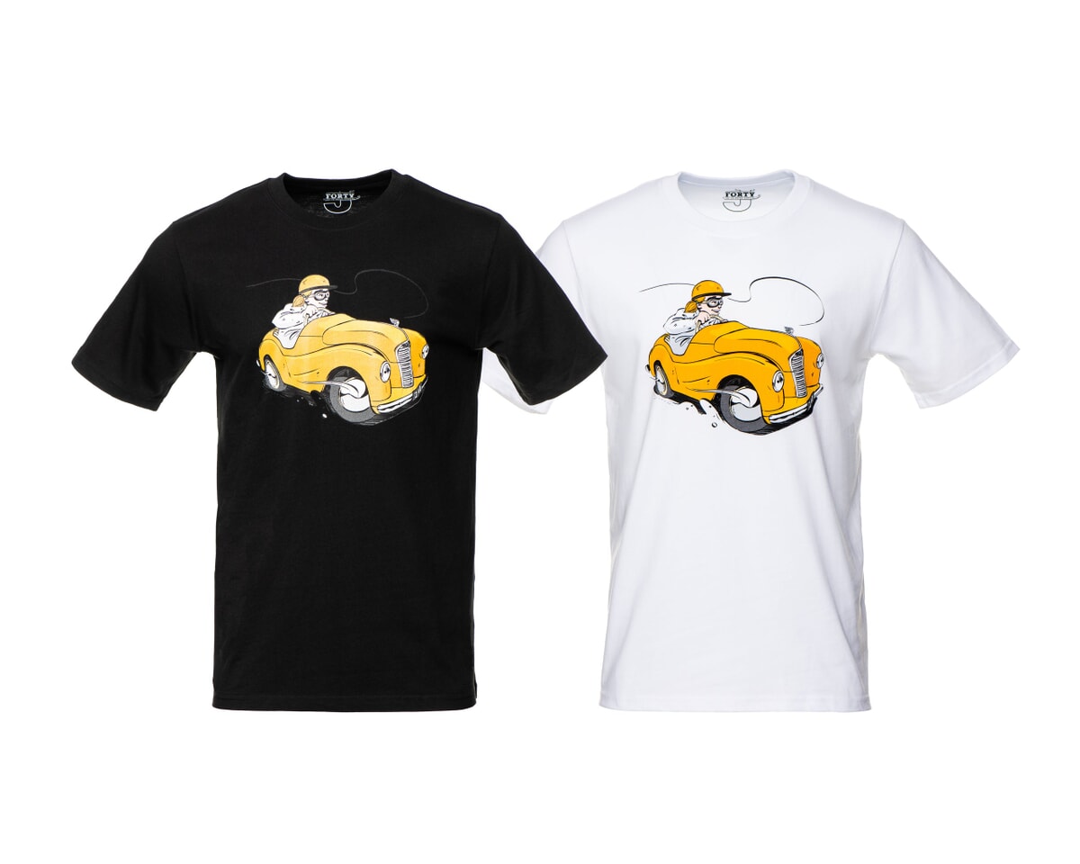Artist designed adult t-shirt featuring a yellow racing Austin J40 print main product photo